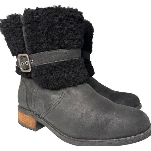 UGG Blayre II Boots Womens 8 Black Nubuck Shearling Zip Fur Trim Equestrian Fall - Picture 1 of 16